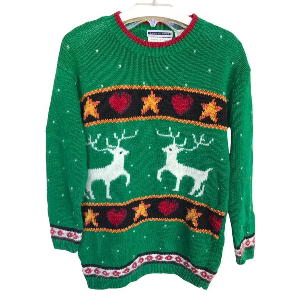 Jennifer Moore Vintage Handknit Colorful Holiday Reindeer Sweater size M